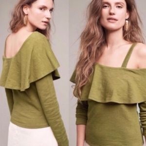 Anthropologie Postmark 100% Cotton One Shoulder Ruffle Kelly Green Top L